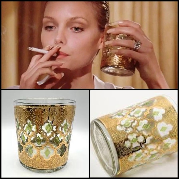 Culver Mid-Century Valencia ASO Scarface Pattern Green  Gold Old Fashion Glass - Picture 1 of 10